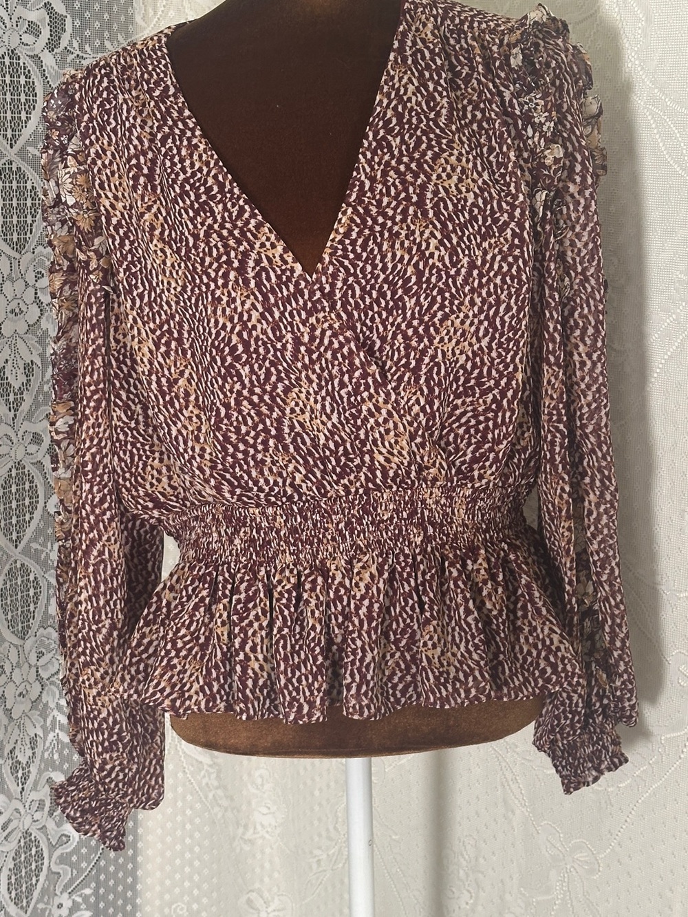 Express Burgundy Printed Smocked Waist V-Neck Blouse